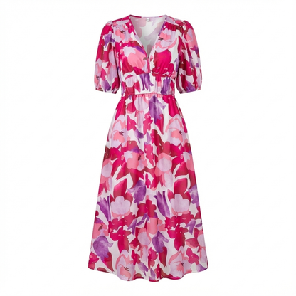 Vestido Midi Mujer Estampado Escote en V Manga Corta Cintura Fruncida
