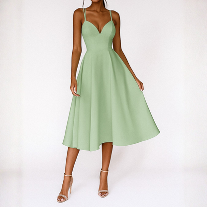 Vestido Midi Mujer Tirantes Escote en V Falda con Vuelo