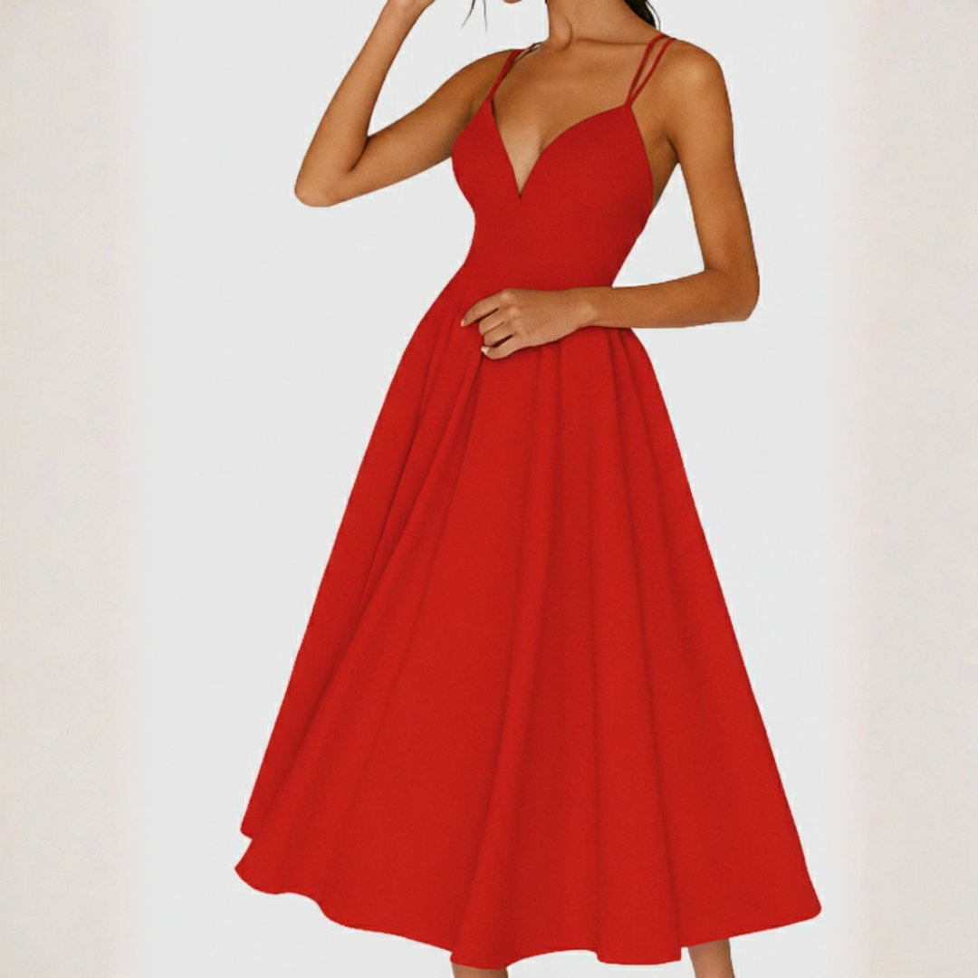 Vestido Midi Mujer Tirantes Escote en V Falda con Vuelo