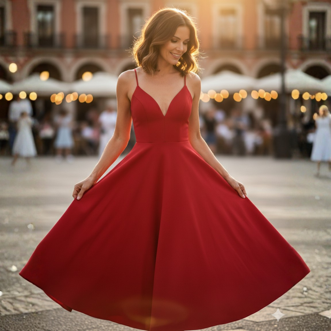 Vestido Midi Mujer Tirantes Escote en V Falda con Vuelo