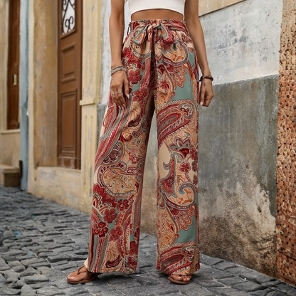 Pantalones Mujer Fluidos Estampado Paisley Pernera Ancha Cintura