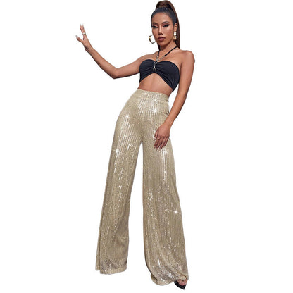 Pantalón Mujer de Lentejuelas Talle Alto Pierna Ancha