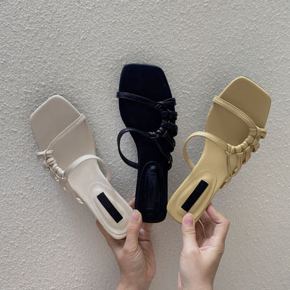 Sandalias Mujer Tacón Bajo Forma Asimétrica Punta Cuadrada