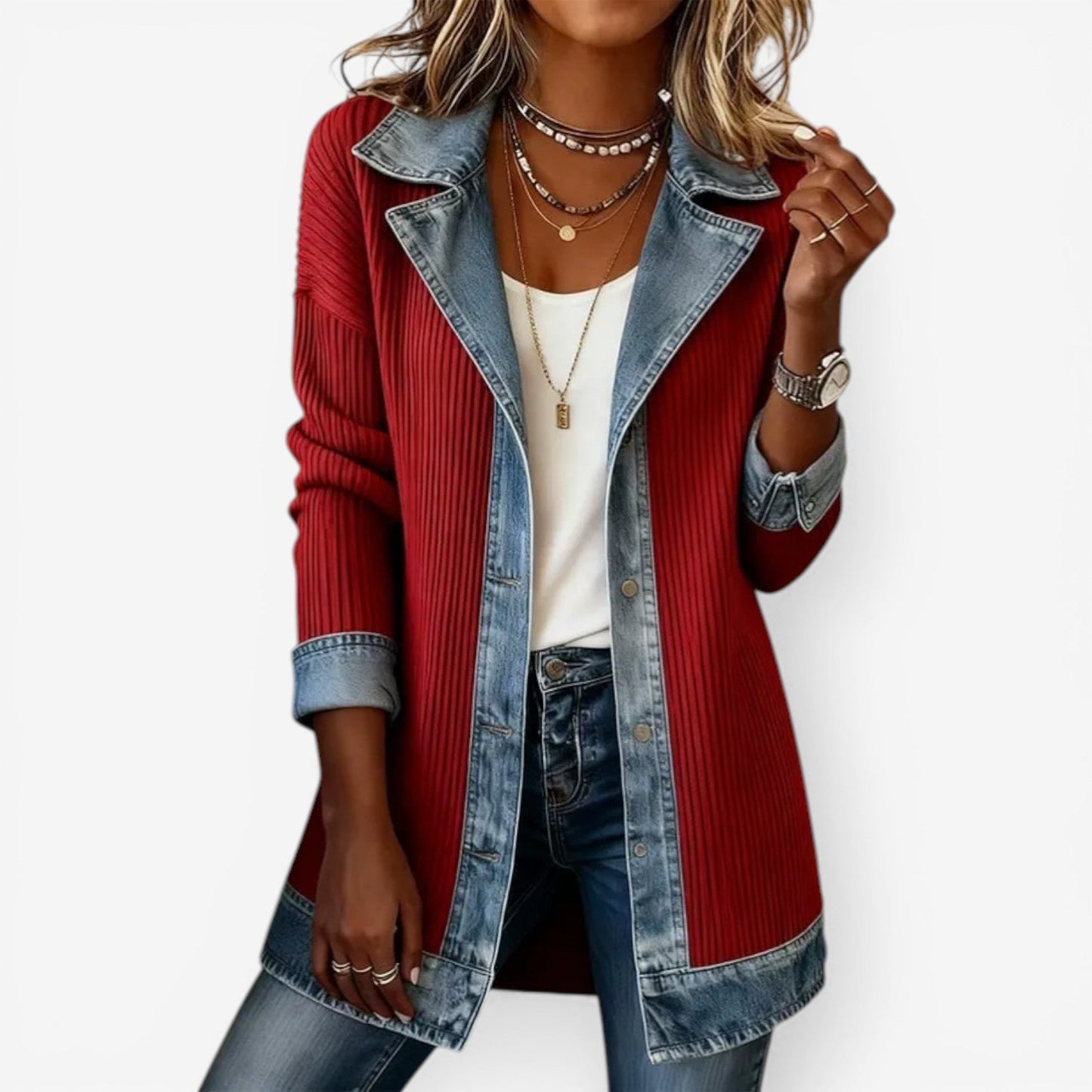 Chaqueta mujer de punto y mezclilla estilo casual moderno