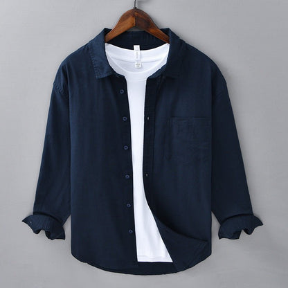 Camisa Hombre Algodón y Lino Manga Larga Cuello Solapa