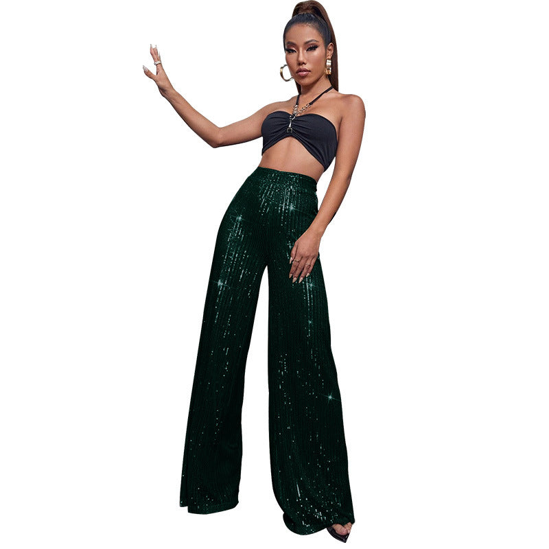 Pantalón Mujer de Lentejuelas Talle Alto Pierna Ancha