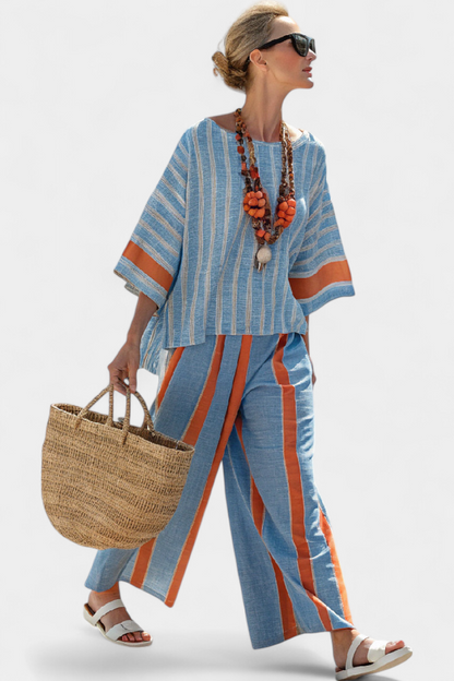 Conjunto mujer rayas y pantalones lino corte recto
