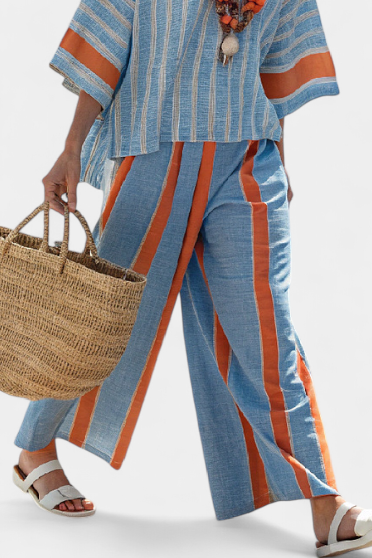 Conjunto mujer rayas y pantalones lino corte recto