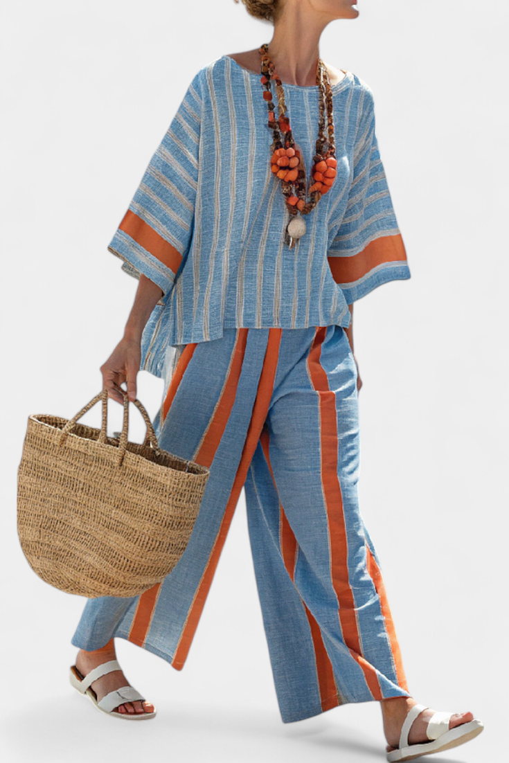 Conjunto mujer rayas y pantalones lino corte recto - Mavetta