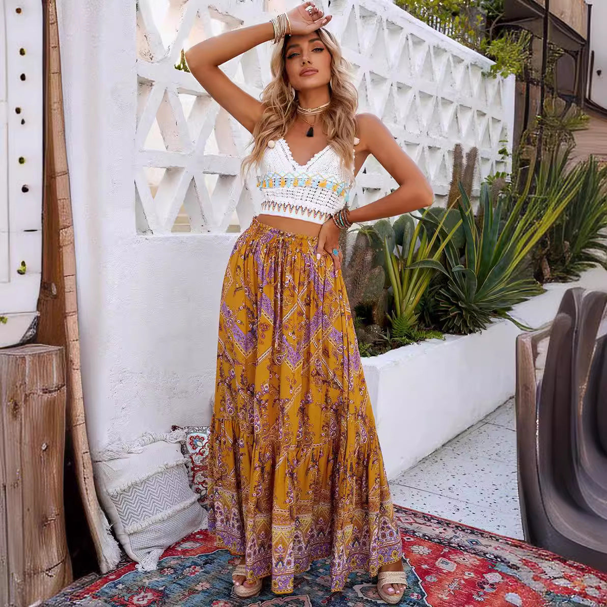 Falda larga mujer estilo boho cintura alta