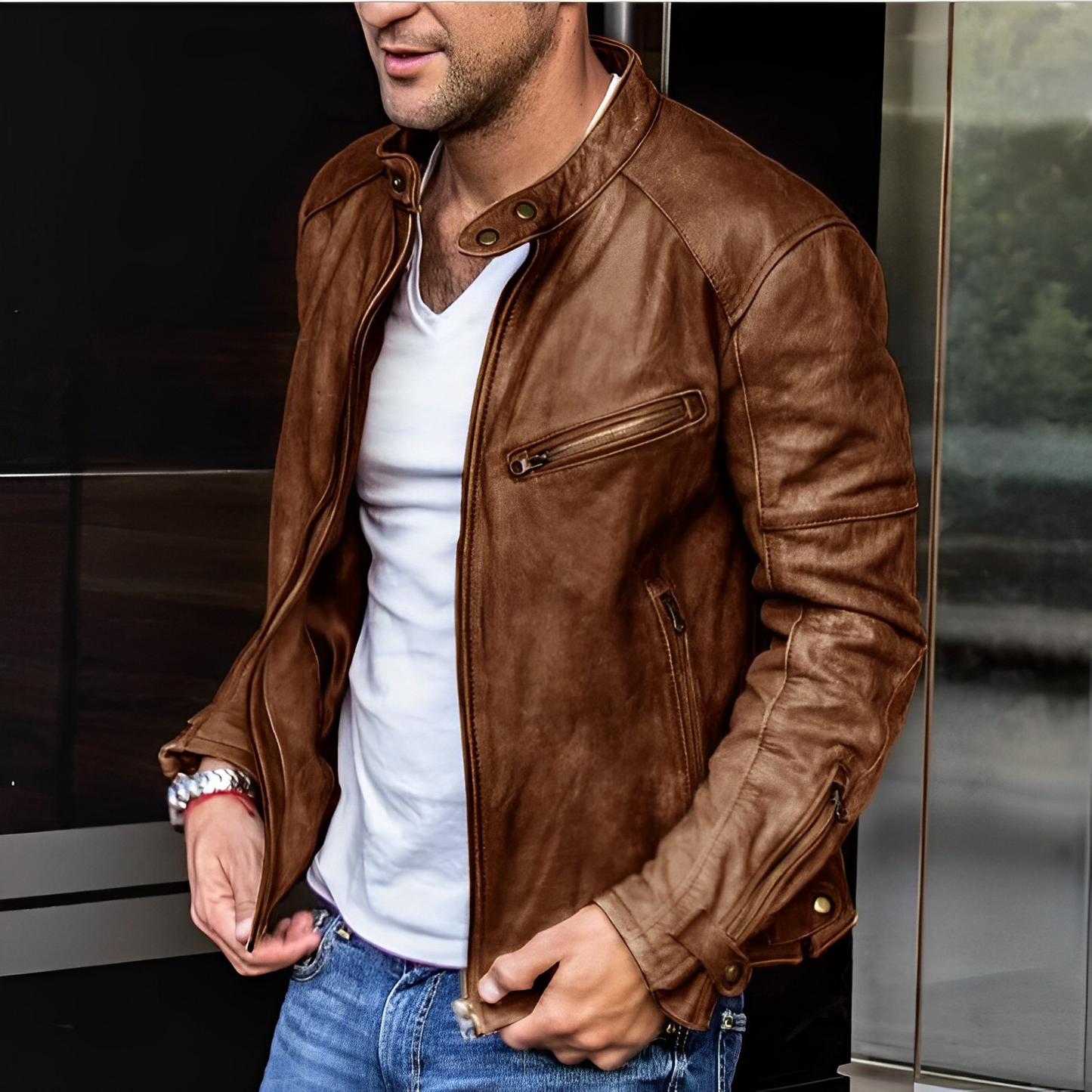 Chaqueta Hombre de Cuero con Bolsillos Cremallera Multiples
