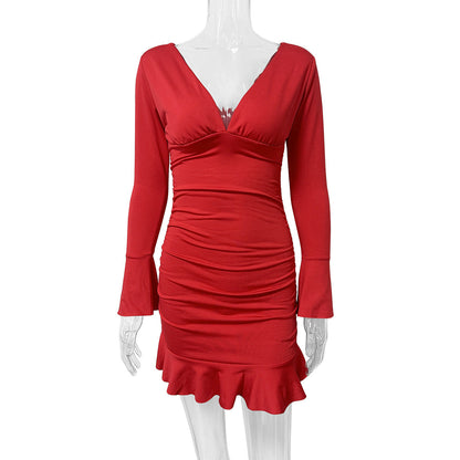 Vestido Corto Mujer Manga Larga Escote Primavera Verano