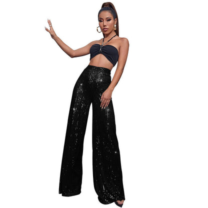 Pantalón Mujer de Lentejuelas Talle Alto Pierna Ancha