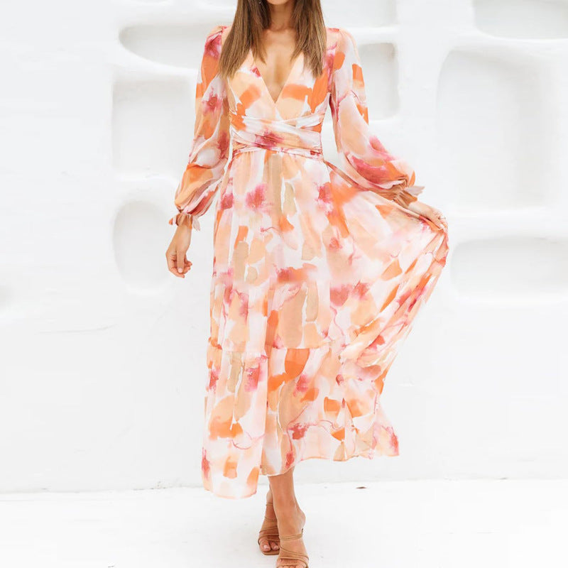 Vestido midi mujer de tela fluida con vuelo y escote cruzado