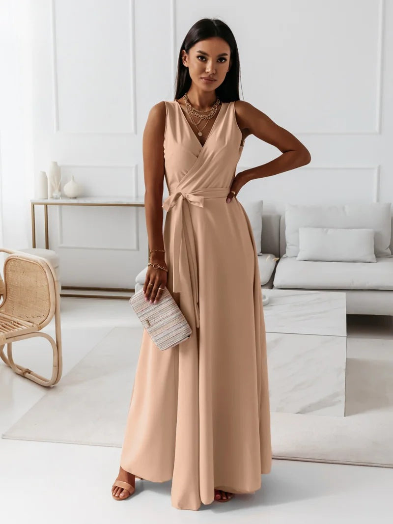 Vestido maxi mujer sin mangas escote en V falda fluida