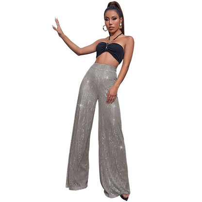 Pantalón Mujer de Lentejuelas Talle Alto Pierna Ancha