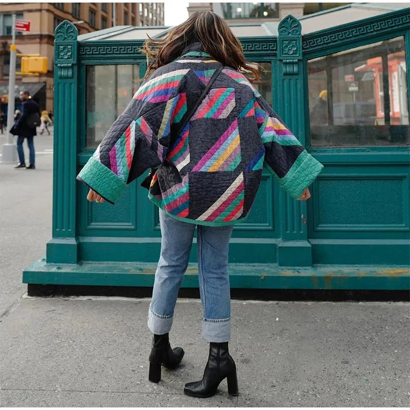 Chaqueta Mujer de Patchwork con Mangas Anchas Estilo Artistico