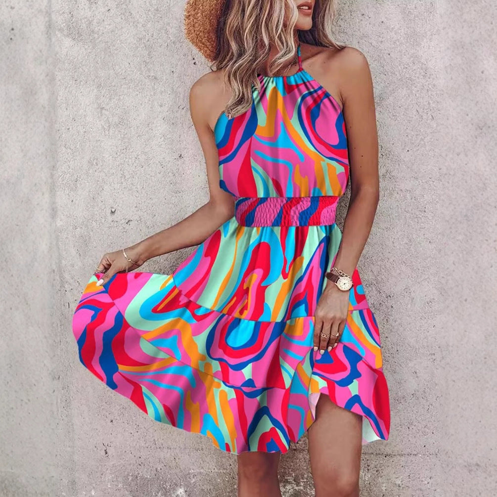 Vestido Mujer Halter con Falda de Capas y Cintura Elástica