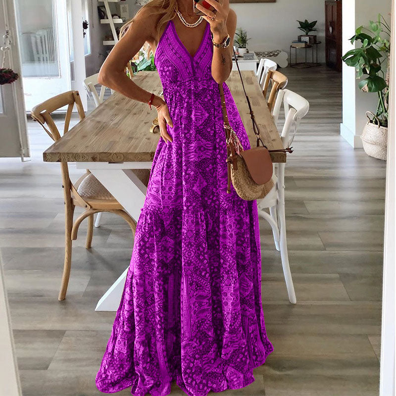 Vestido Maxi Mujer Tirantes Finos Cuello en V Estilo Bohemio