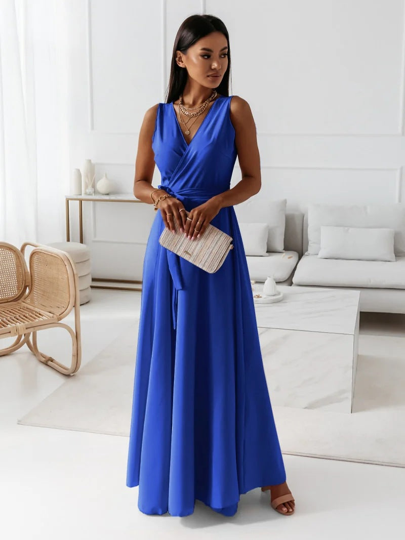 Vestido maxi mujer sin mangas escote en V falda fluida