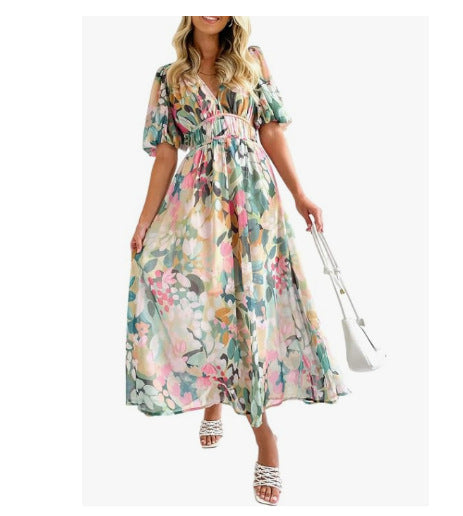 Vestido midi mujer de tela fluida con vuelo y escote cruzado