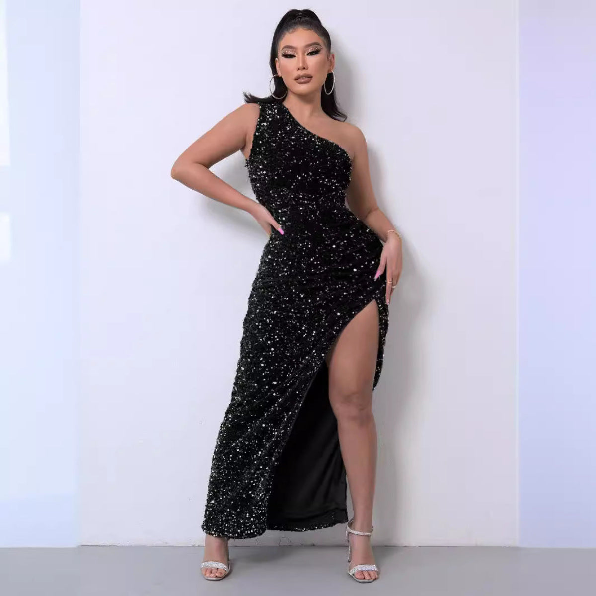 Vestido Noche Mujer de Tela Elegante Corte Asimétrico