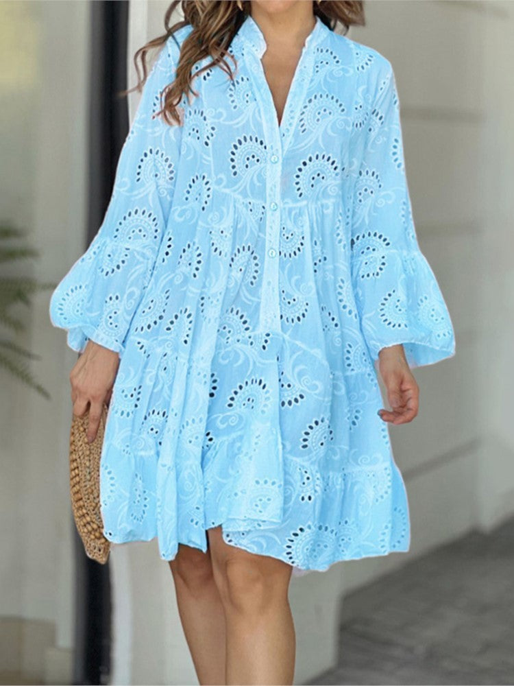 Vestido mini mujer con bordado calado y volantes