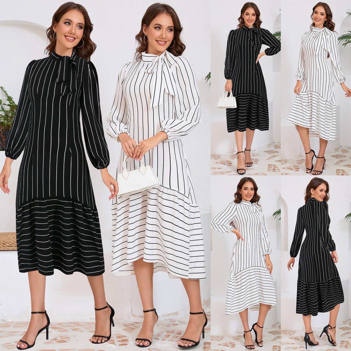 Vestido midi mujer con lazo decorativo y mangas largas
