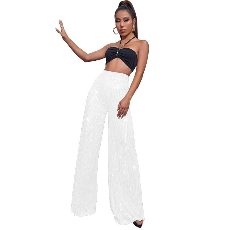 Pantalón Mujer de Lentejuelas Talle Alto Pierna Ancha