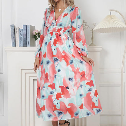 Vestido midi mujer de tela fluida con vuelo y escote cruzado