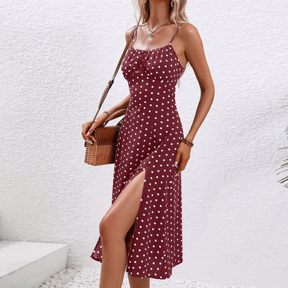 Vestido midi mujer de lunares tirantes finos abertura lateral