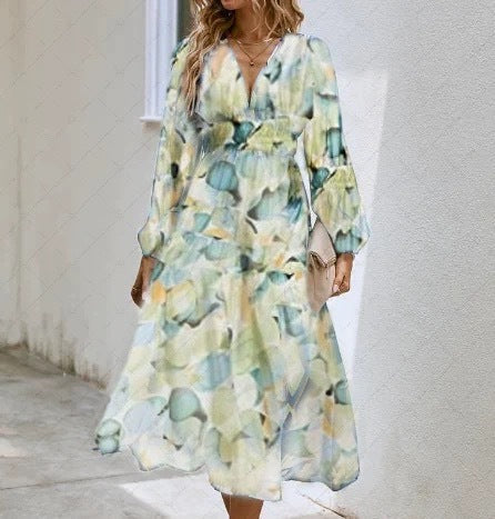 Vestido midi mujer de tela fluida con vuelo y escote cruzado