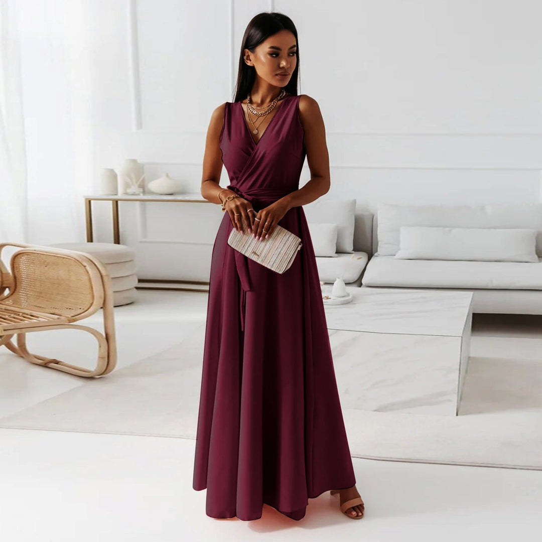 Vestido maxi mujer con cinturón y escote en v