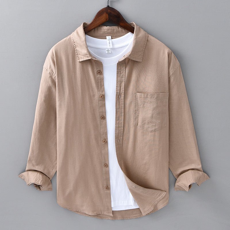 Camisa Hombre Algodón y Lino Manga Larga Cuello Solapa
