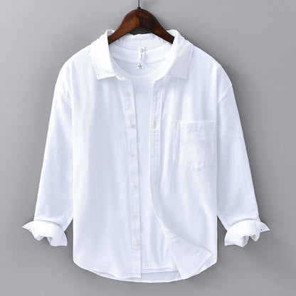 Camisa Hombre Algodón y Lino Manga Larga Cuello Solapa