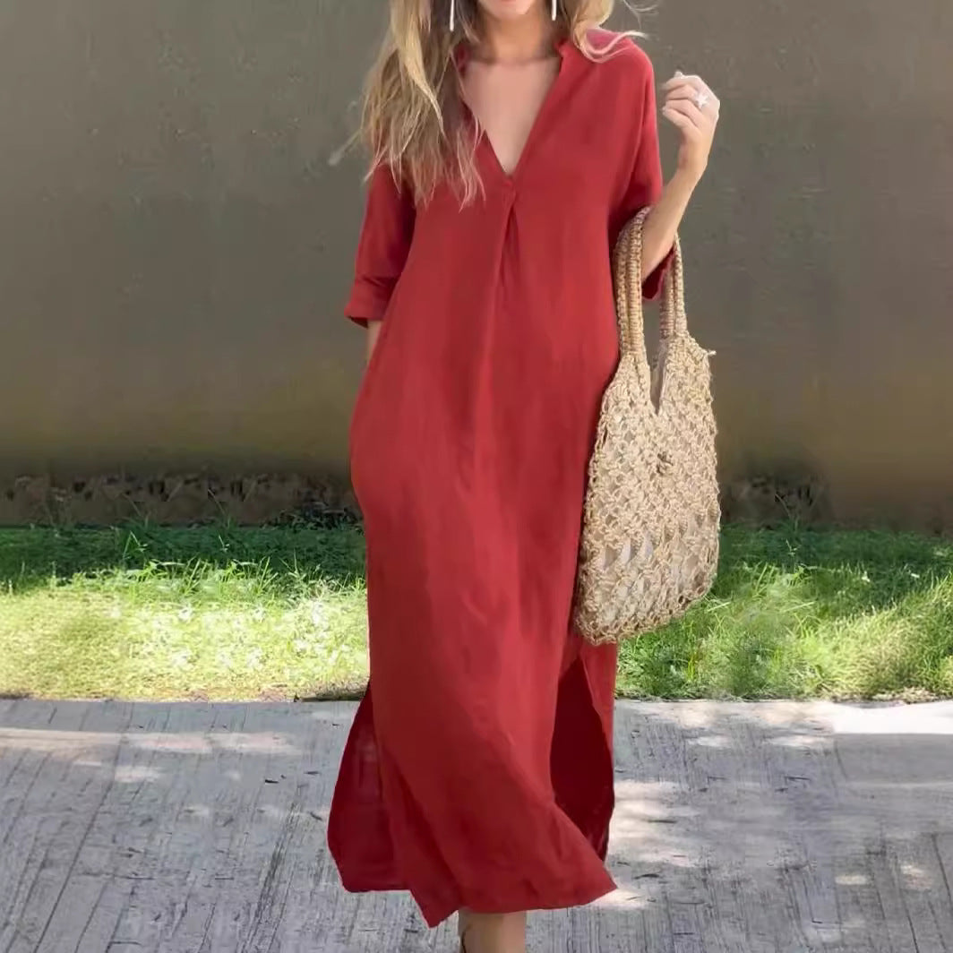 Vestido largo mujer Cuello en V Mangas holgadas