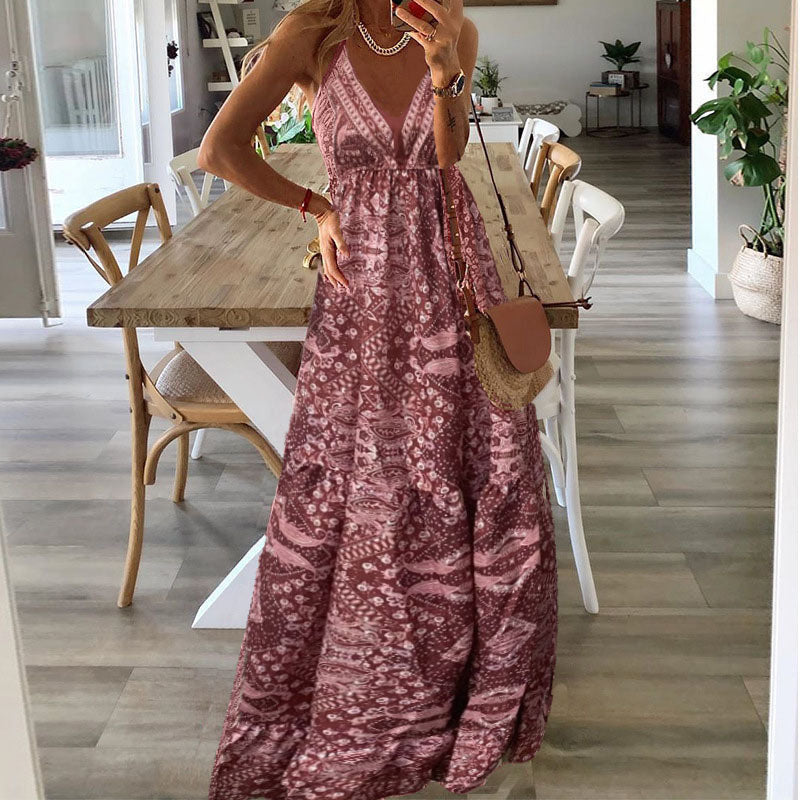Vestido Maxi Mujer Tirantes Finos Cuello en V Estilo Bohemio