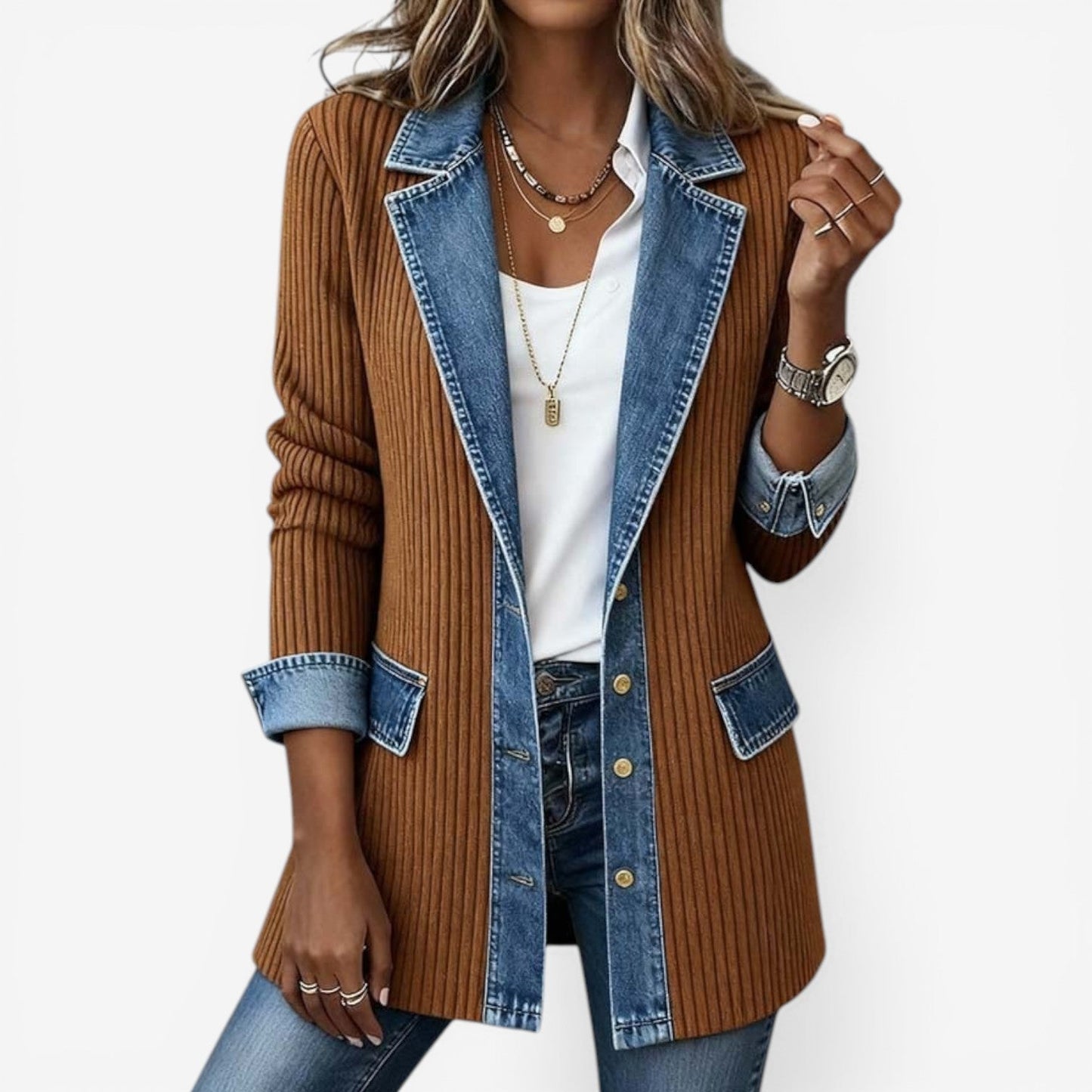 Chaqueta mujer de punto y mezclilla estilo casual moderno