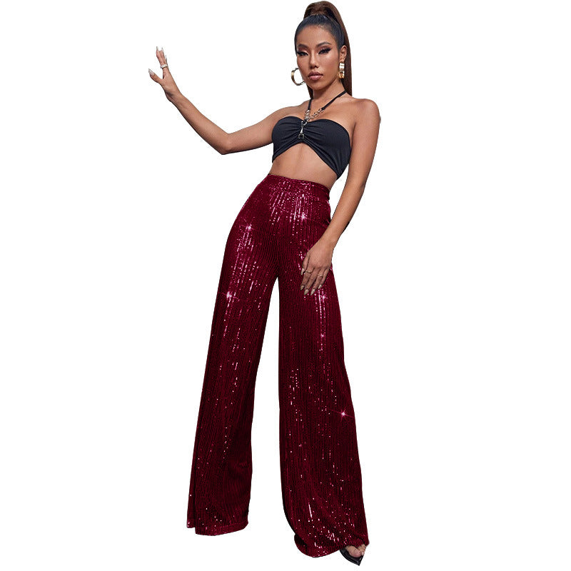 Pantalón Mujer de Lentejuelas Talle Alto Pierna Ancha