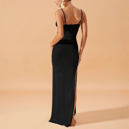 Vestido Largo Mujer de Punto Calado Tirantes Abertura Lateral