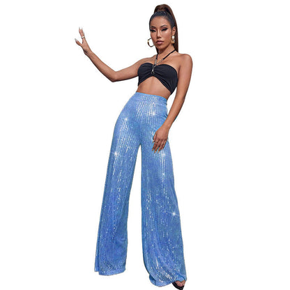 Pantalón Mujer de Lentejuelas Talle Alto Pierna Ancha