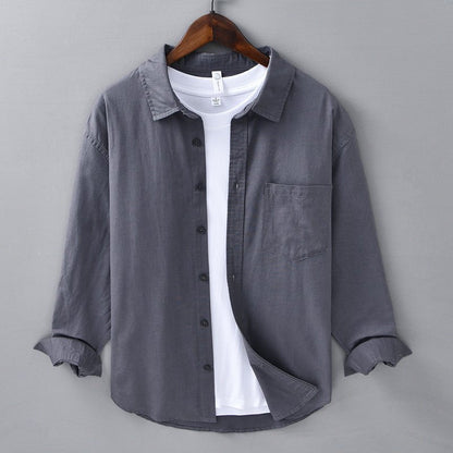 Camisa Hombre Algodón y Lino Manga Larga Cuello Solapa