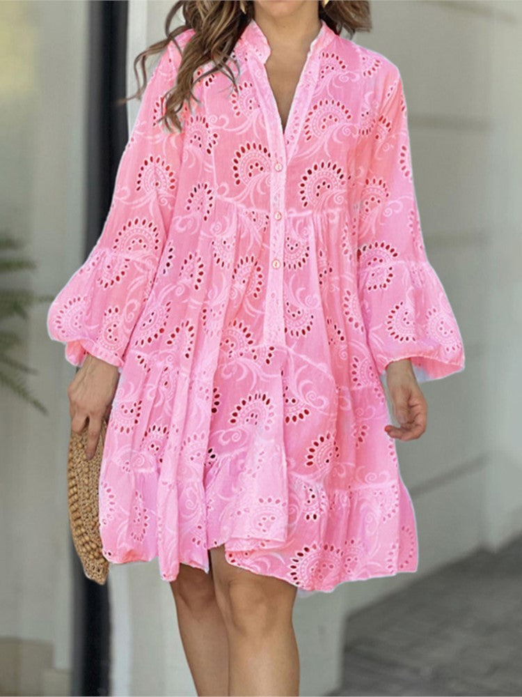 Vestido mini mujer con bordado calado y volantes