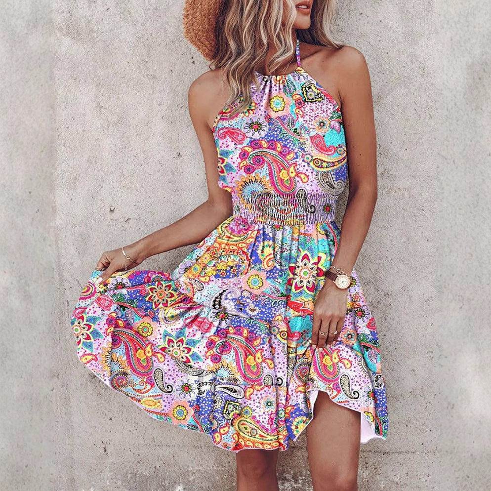Vestido Mujer Halter con Falda de Capas y Cintura Elástica