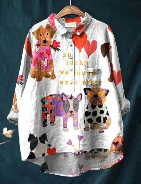 Camisa oversize hombre de algodón estampado artístico perros