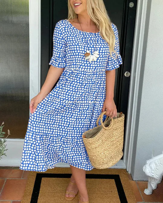 Vestido midi Mujer con lunares y manga corta relajado