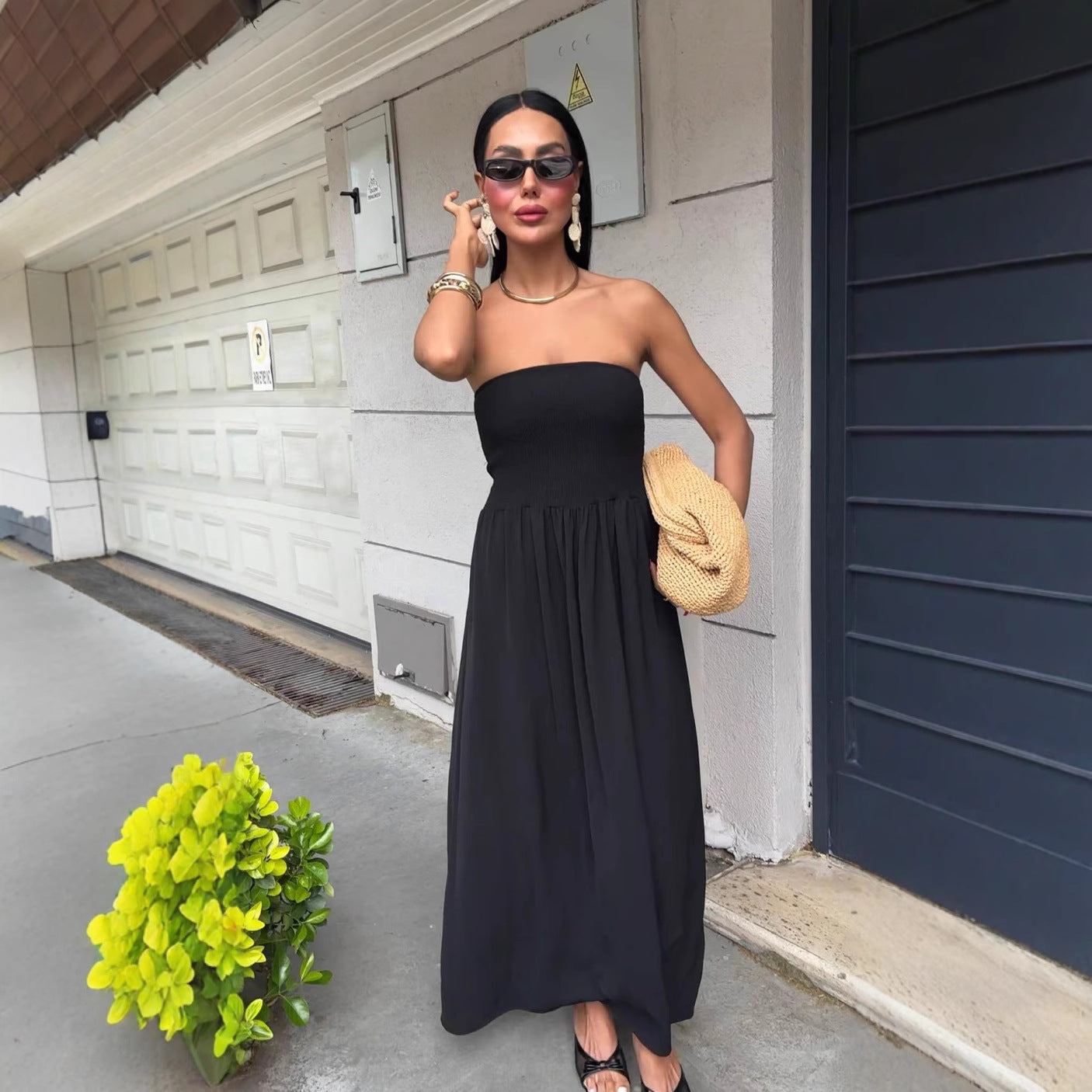Vestido midi mujer palabra de honor cuerpo fruncido