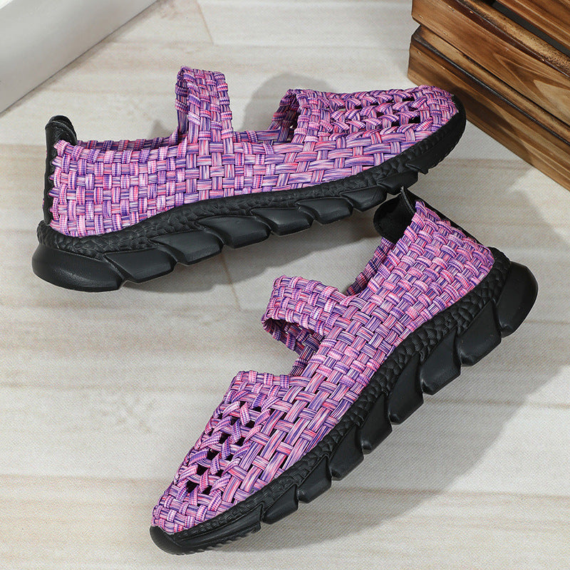 Zapatos slip-on mujer con tejido elástico y banda cruzada