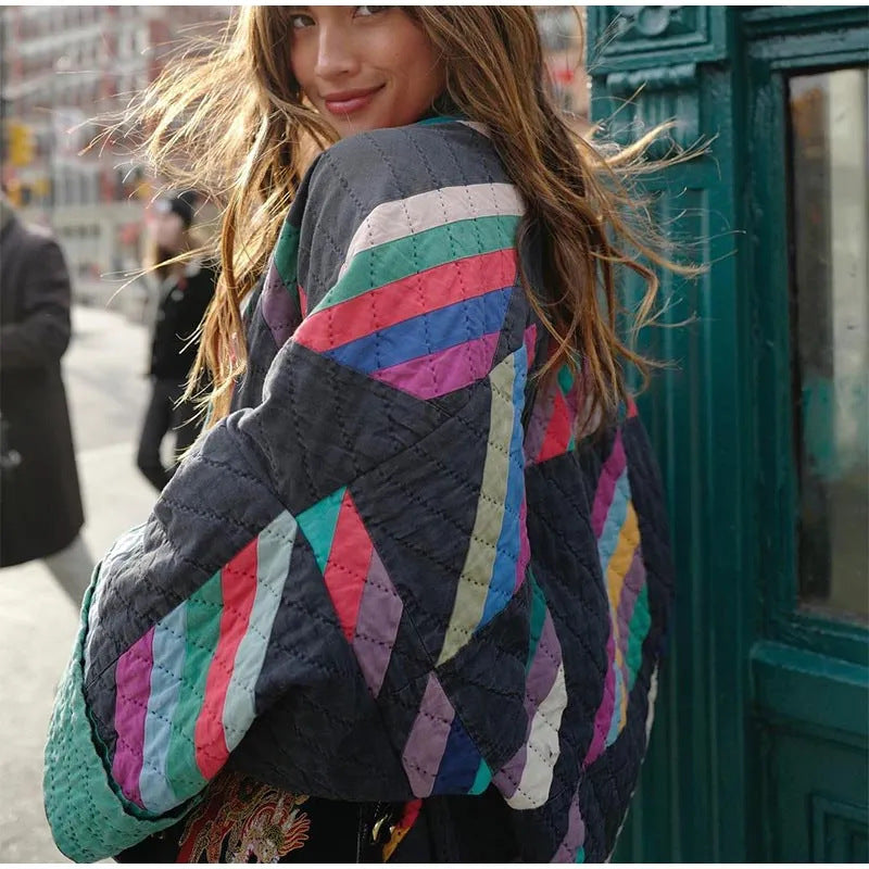 Chaqueta Mujer de Patchwork con Mangas Anchas Estilo Artistico