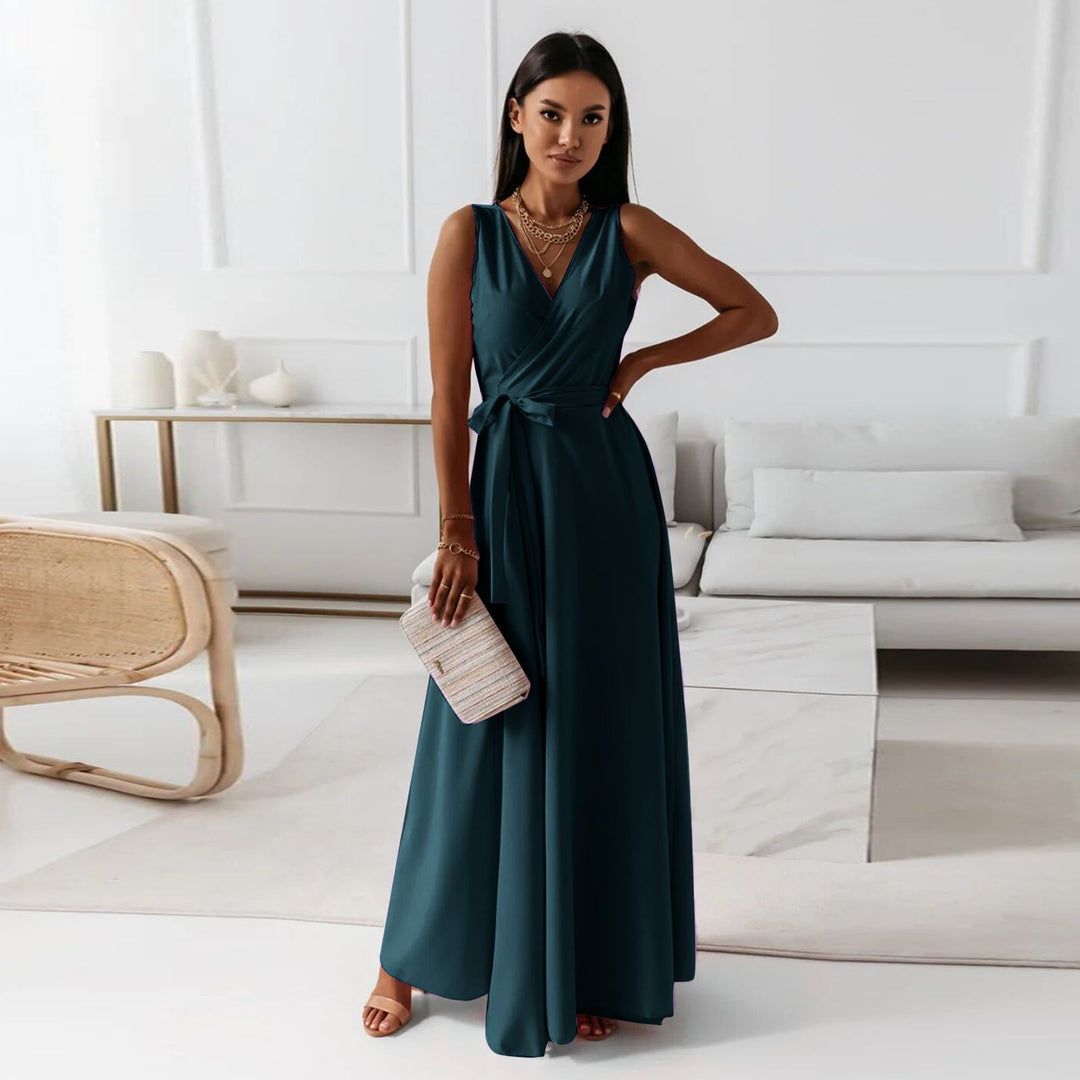 Vestido maxi mujer con cinturón y escote en v